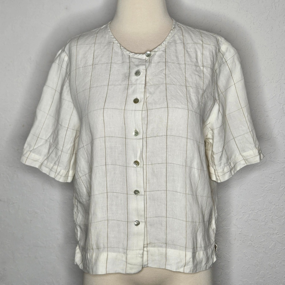 Jaeger Vintage 100% Linen Grid Button‎ Front Blouse Short Sleeve Ivory Size 14